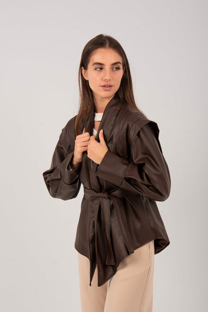 Faux Leather Wrap Jacket