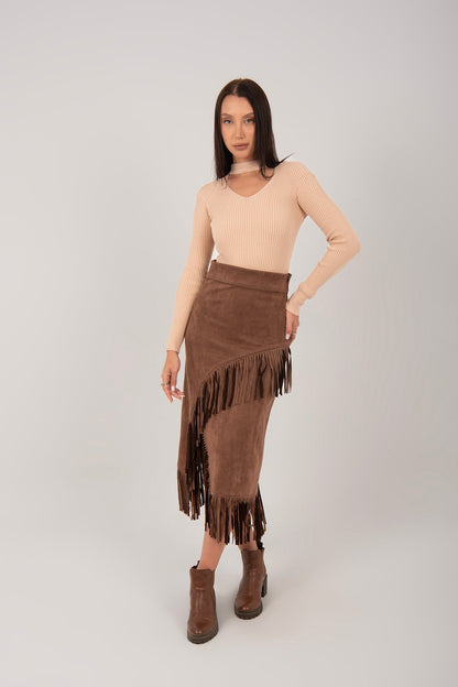Suede Fringe Midi Skirt
