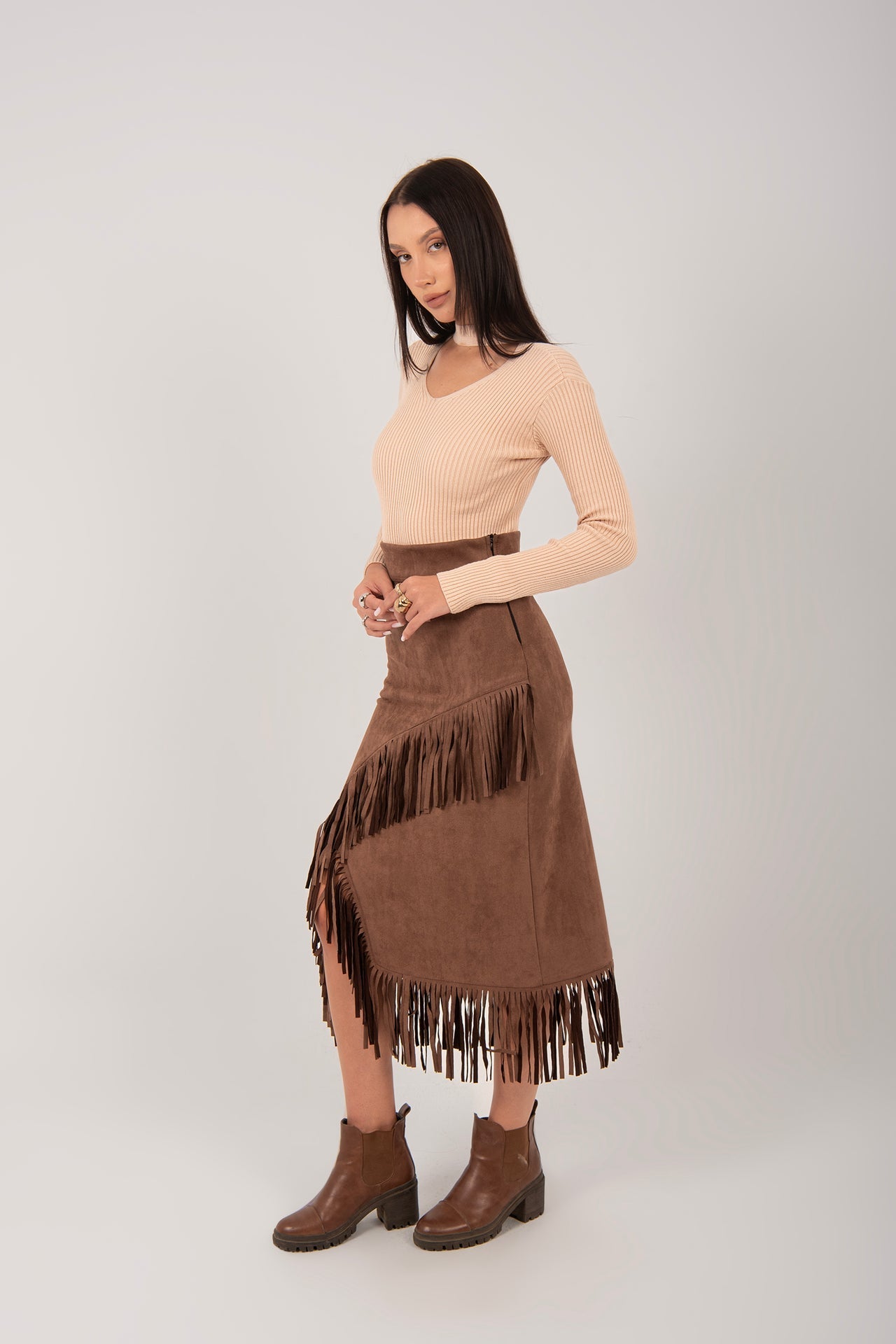 Suede Fringe Midi Skirt