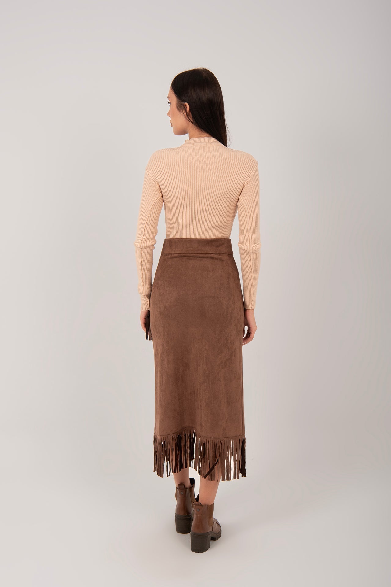 Suede Fringe Midi Skirt