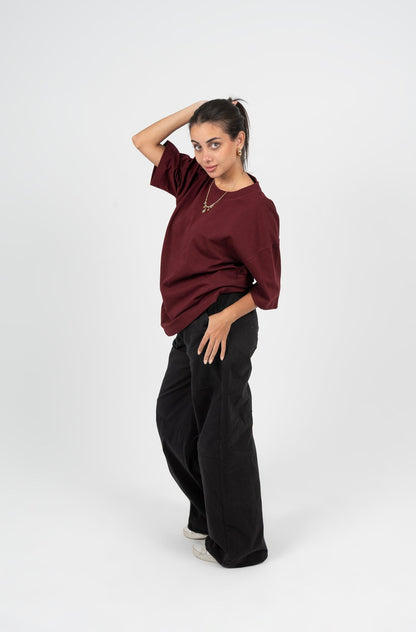 Cotton Solid Oversized T-Shirt – Burgundy