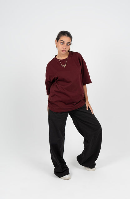 Cotton Solid Oversized T-Shirt – Burgundy