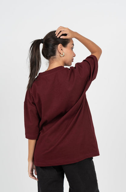 Cotton Solid Oversized T-Shirt – Burgundy