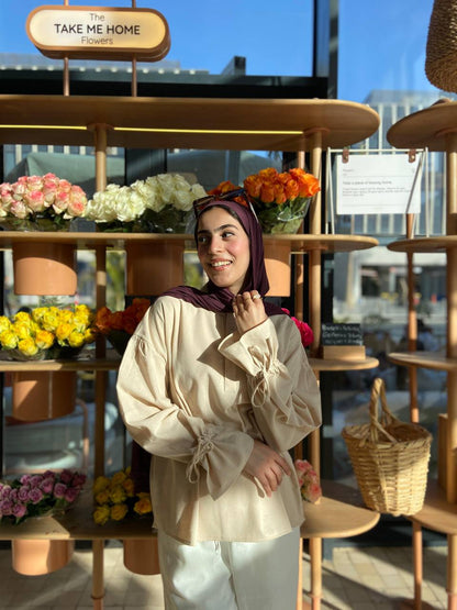 Linen Bell Sleeves Blouse – Beige