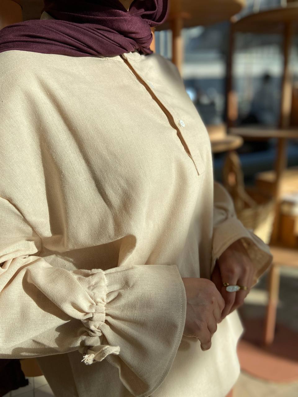 Linen Bell Sleeves Blouse – Beige