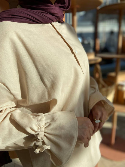 Linen Bell Sleeves Blouse – Beige
