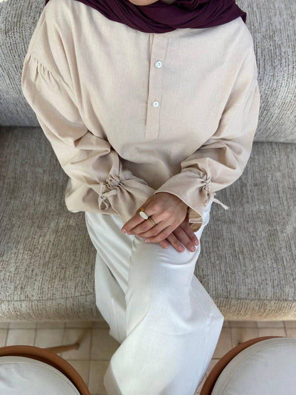 Linen Bell Sleeves Blouse – Beige