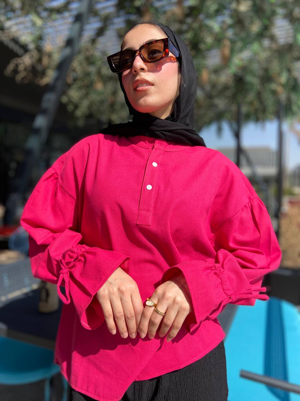 Bell Sleeves Linen Blouse – Fuchsia