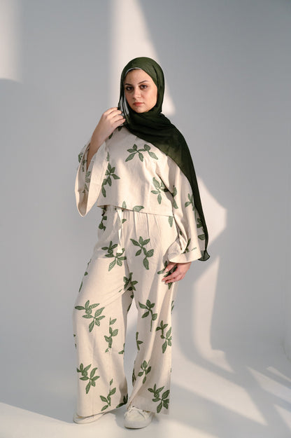 Linen Oversized Floral Print Set – Beige & Green