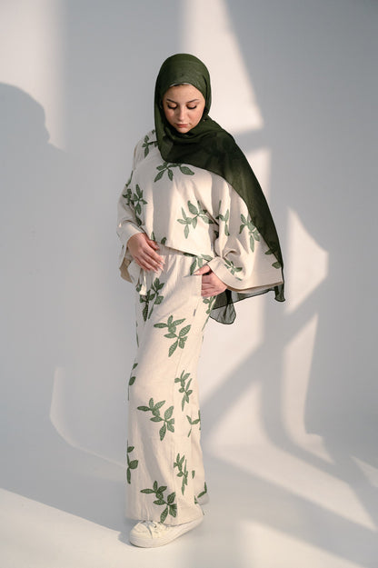Linen Oversized Floral Print Set – Beige & Green