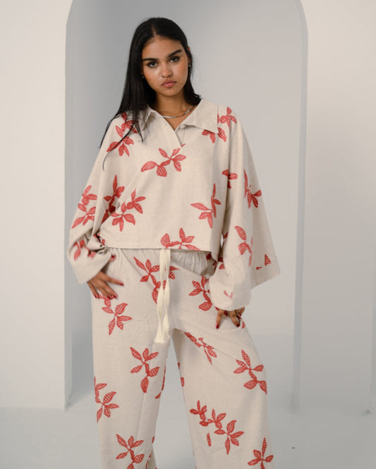 Linen Oversized Floral Print Set – Beige & Red