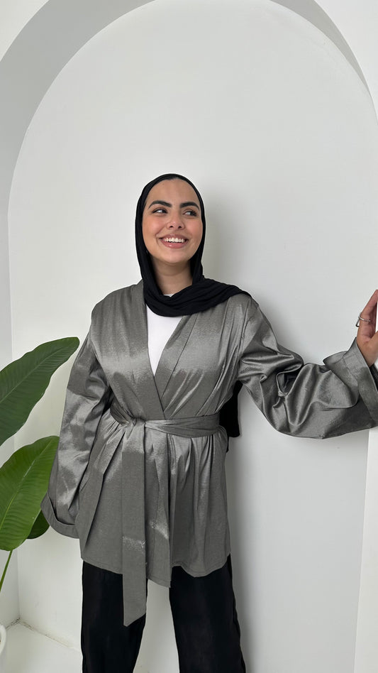 Satin Solid Kimono Jacket – Silver Grey