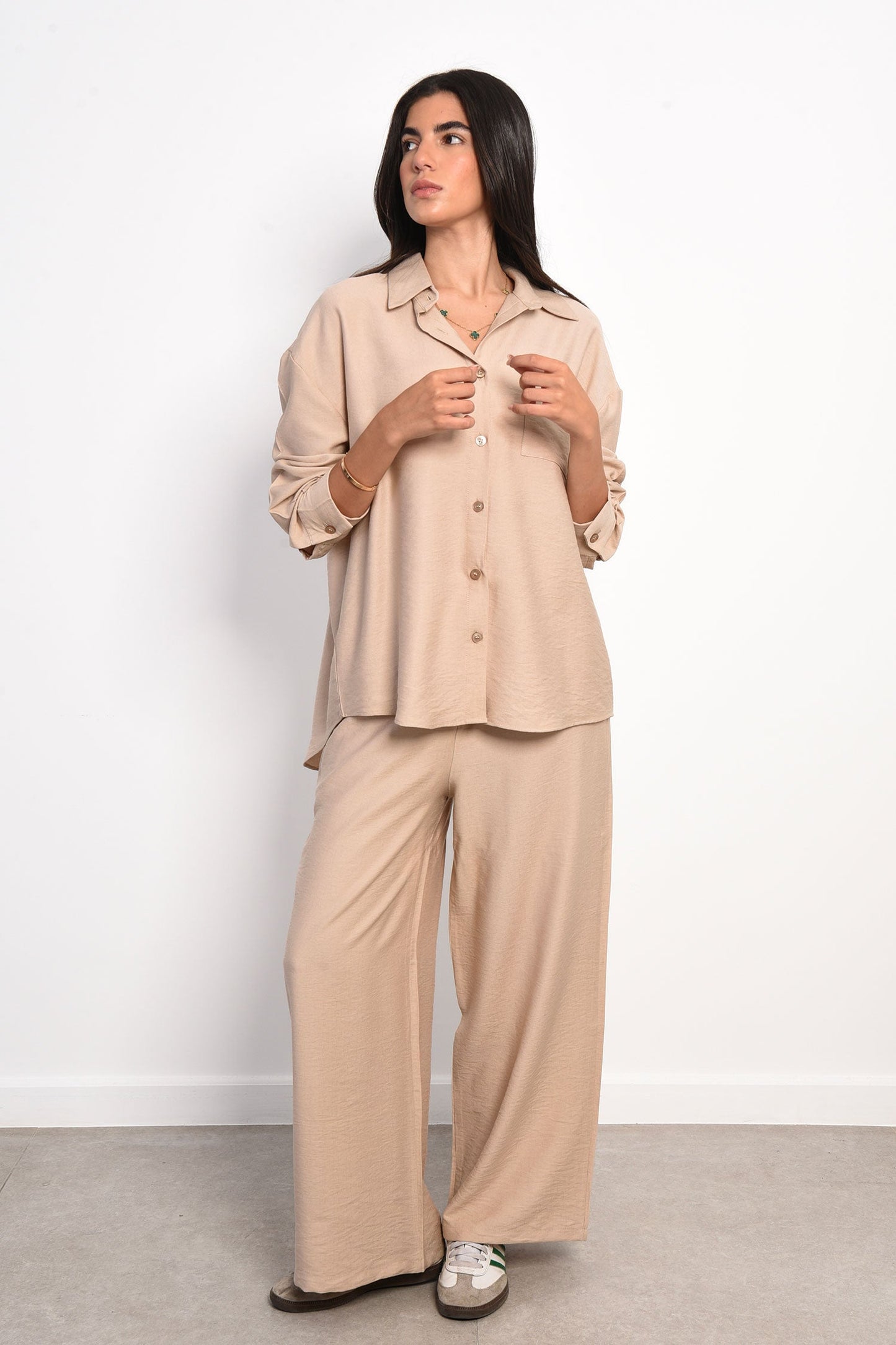 Linen Two-Piece Casual Loose Set - Beige