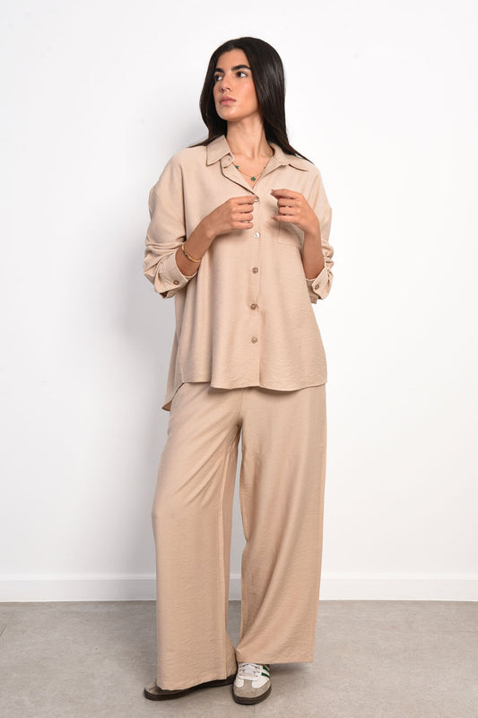 Linen Two-Piece Casual Loose Set - Beige