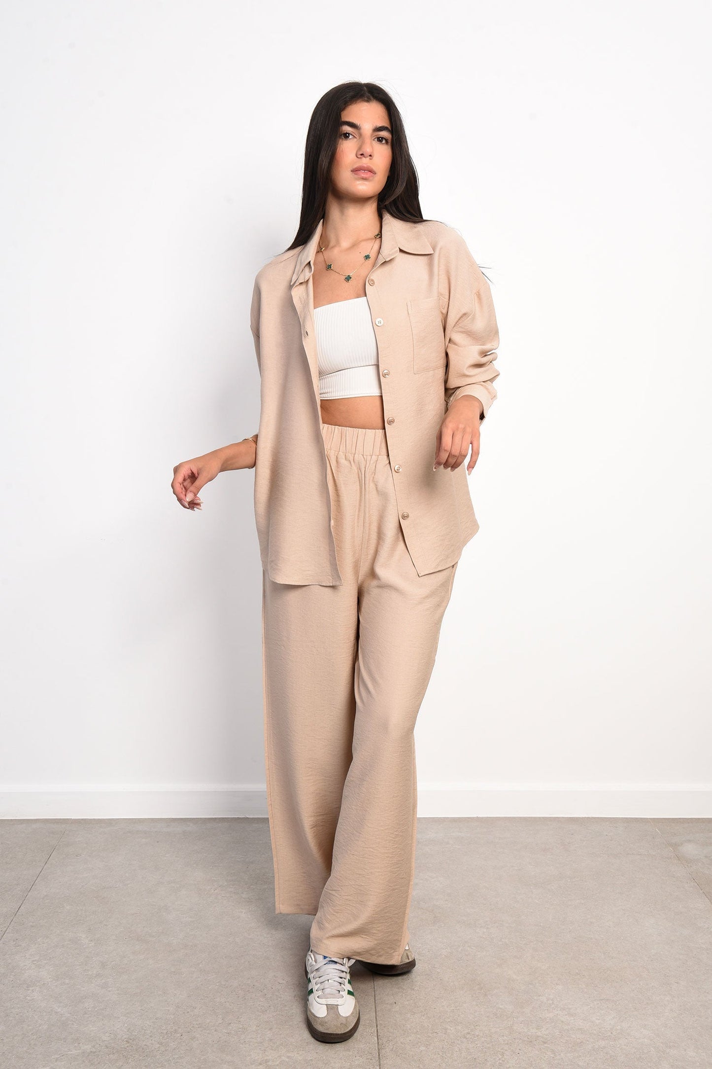 Linen Two-Piece Casual Loose Set - Beige