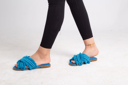 Macrame Boho Cross Slippers - Blue