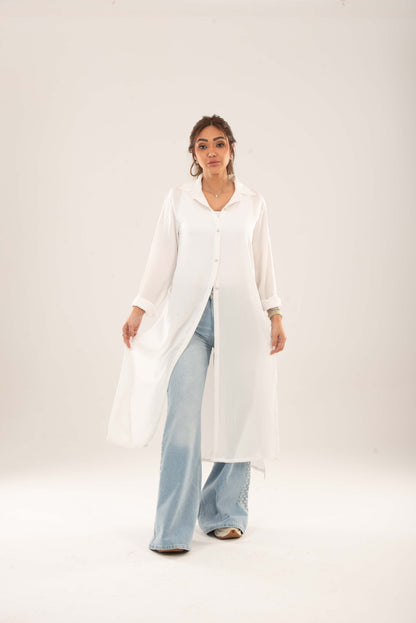 Long Button-Down Shirt  - White