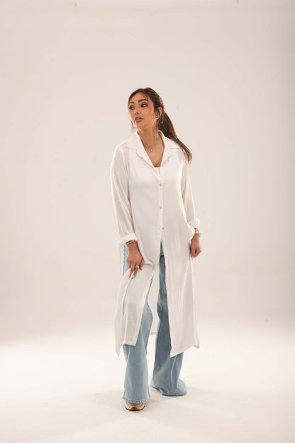 Long Button-Down Shirt  - White