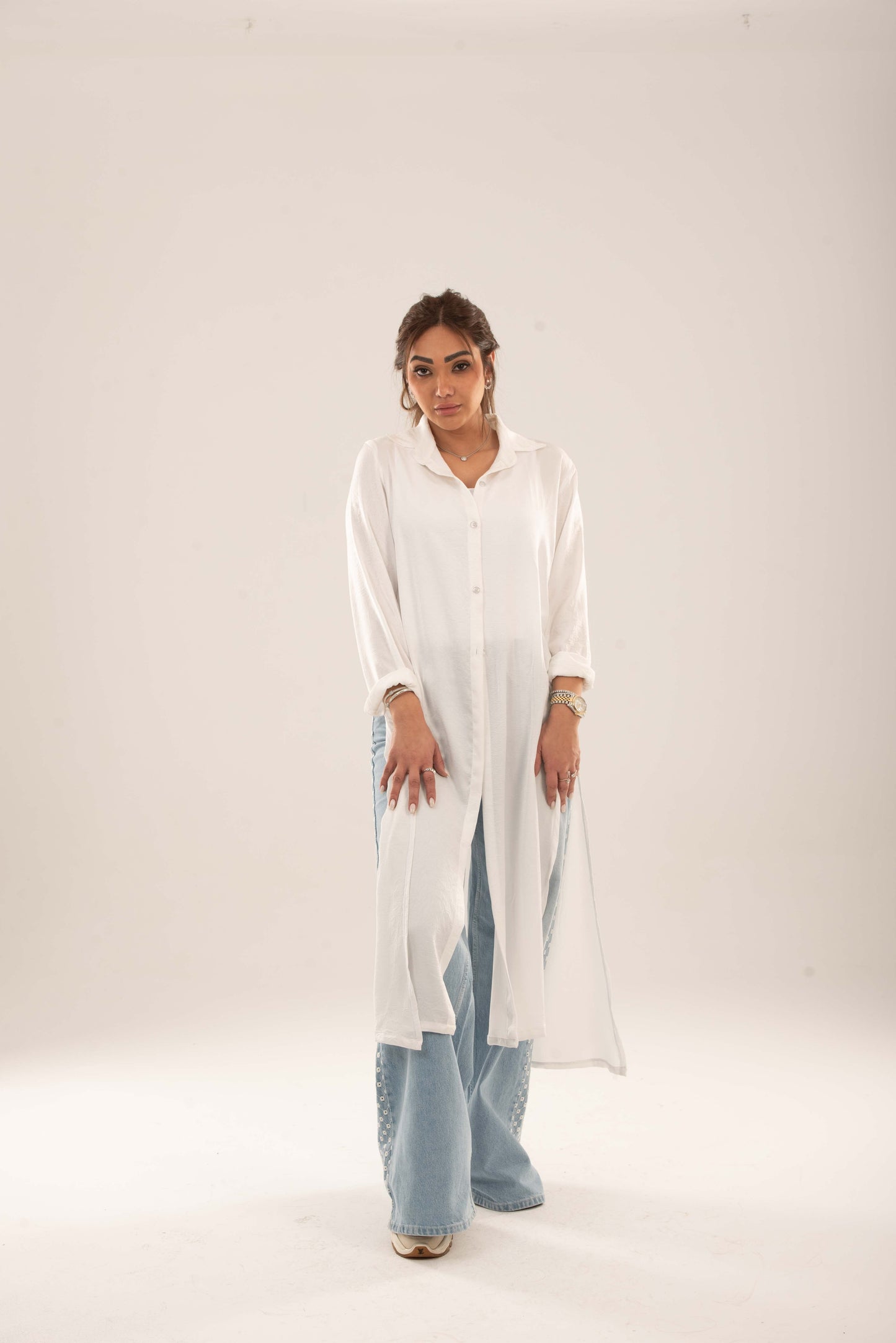 Long Button-Down Shirt  - White