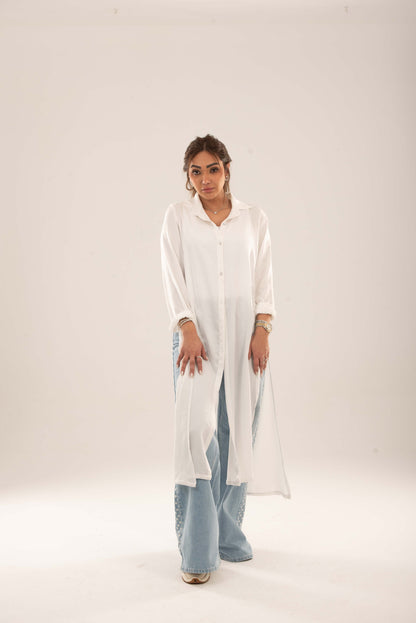 Long Button-Down Shirt  - White
