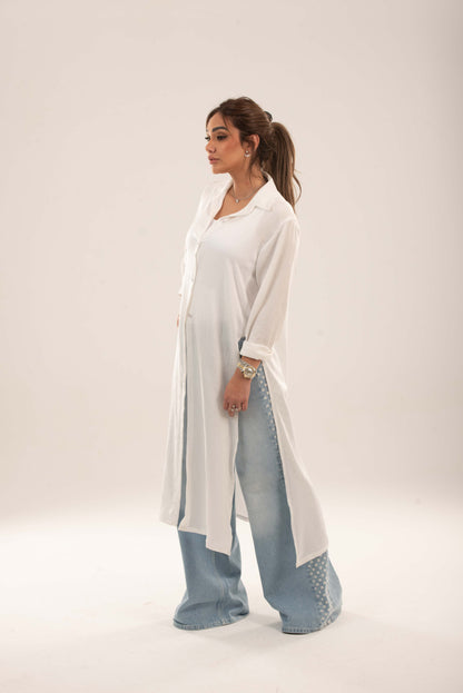 Long Button-Down Shirt  - White