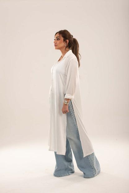 Long Button-Down Shirt  - White