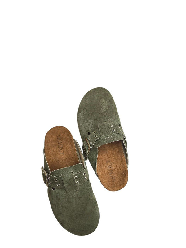 Chamois Leather Buckle Clog Mules – Olive