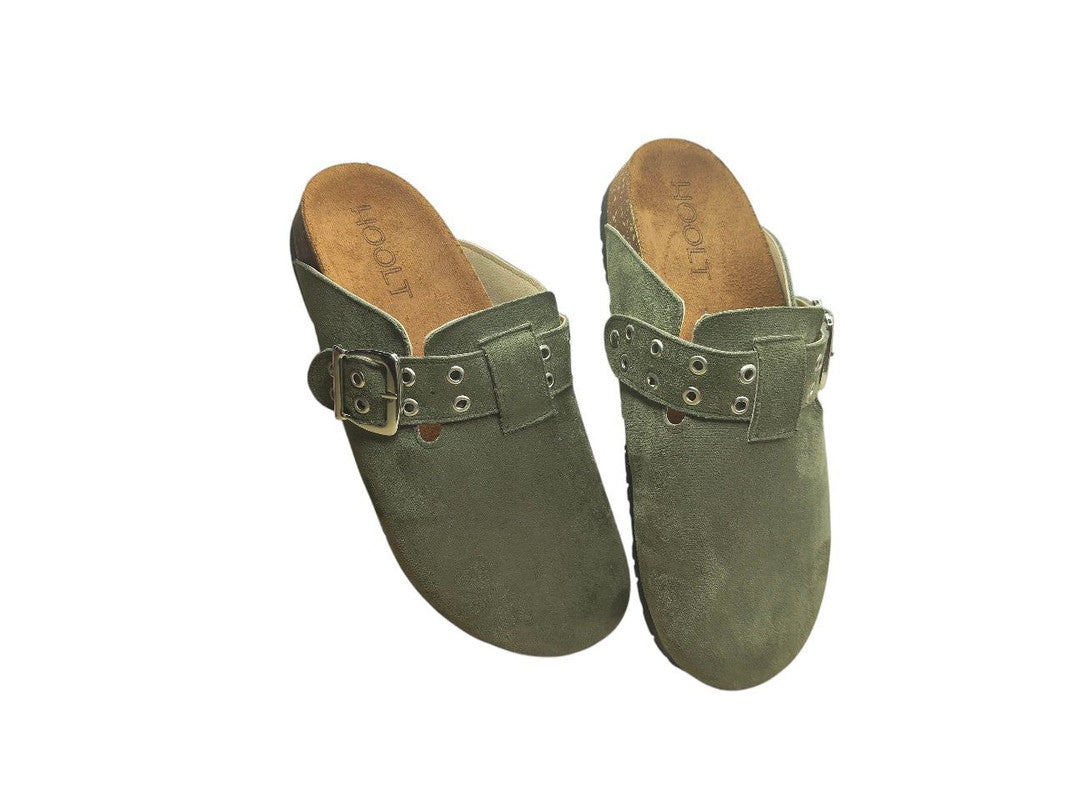 Chamois Leather Buckle Clog Mules – Olive
