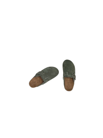 Chamois Leather Buckle Clog Mules – Olive