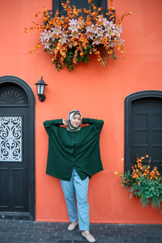 Cotton Plain Oversized Shirt - Dark Green
