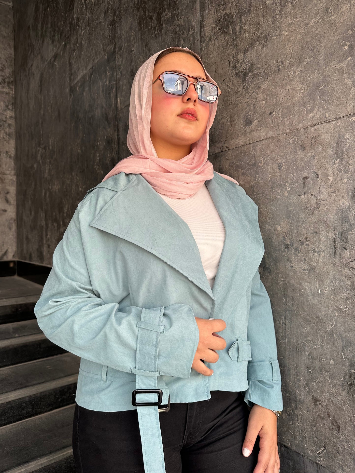 Cropped Trench Coat-Dark Aqua