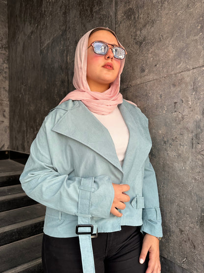 Cropped Trench Coat-Dark Aqua