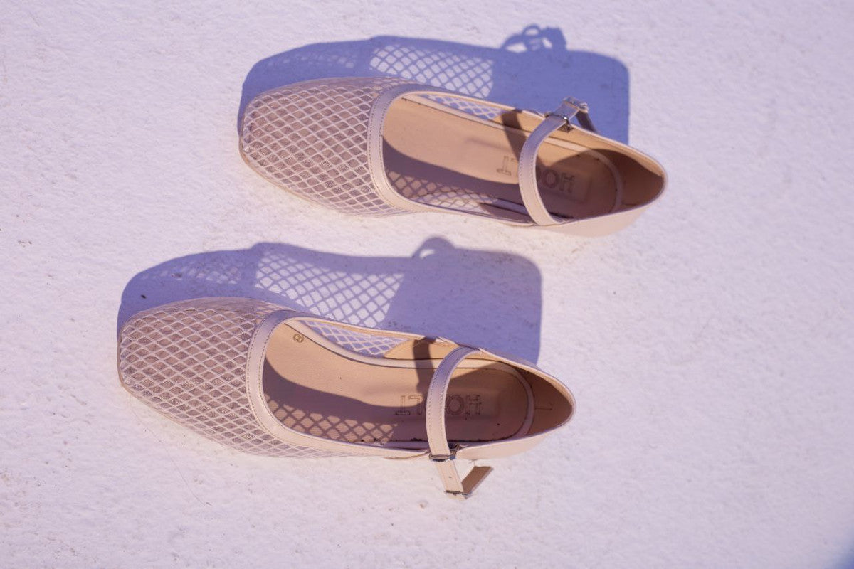 Leather Swan Ballerina Flats - Beige