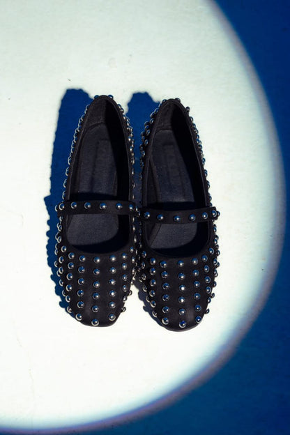 Velvet Fabric Studded Ballarina - Black