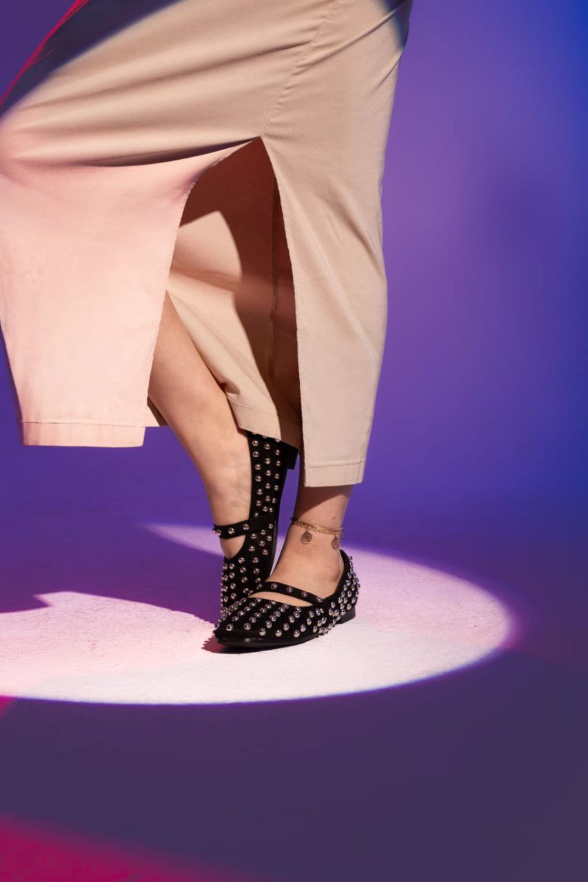 Velvet Fabric Studded Ballarina - Black