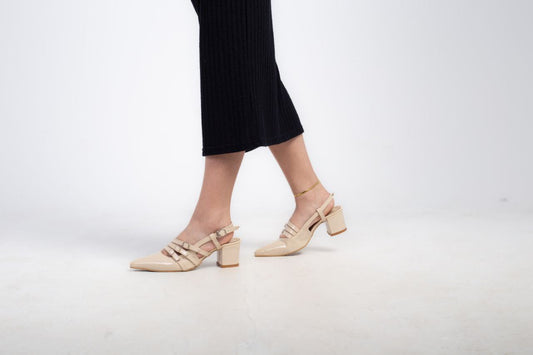 Patent Solid Slingback Heels – Beige