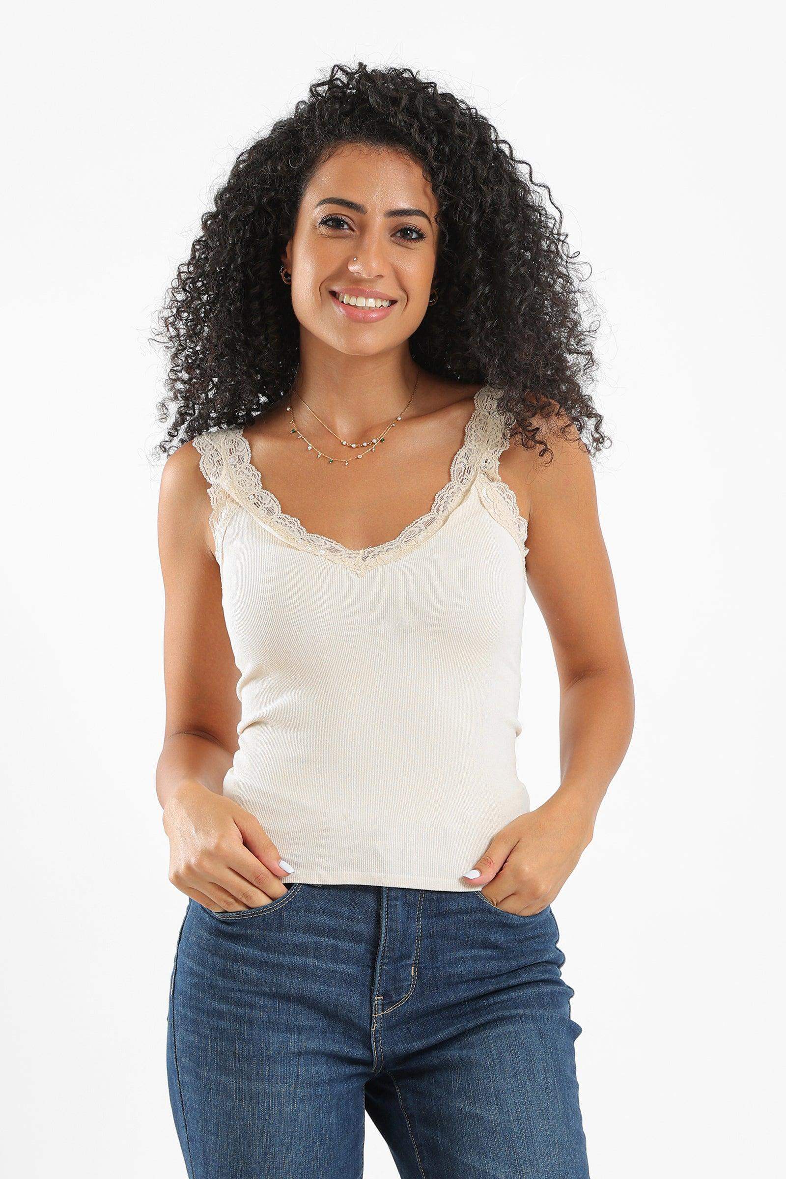 Ribbed Sleeveless Top with Lace - Carina - ÙƒØ§Ø±ÙŠÙ†Ø§