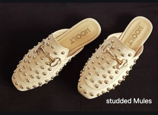 Velvet Fabric Studded Mules - Beige