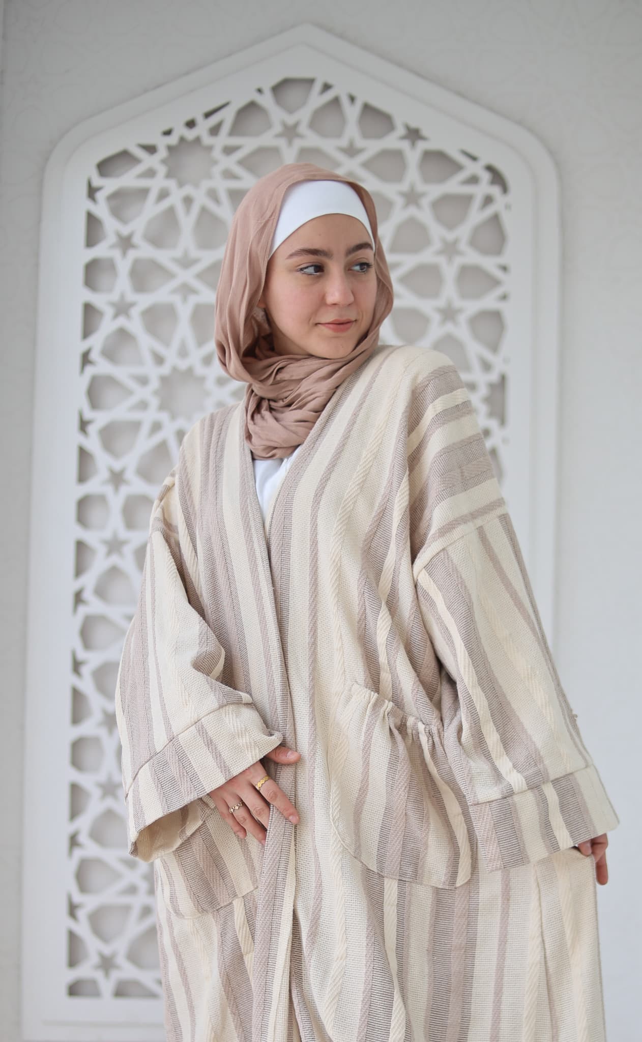 Cotton-Linen Striped Cardigan - Coffee