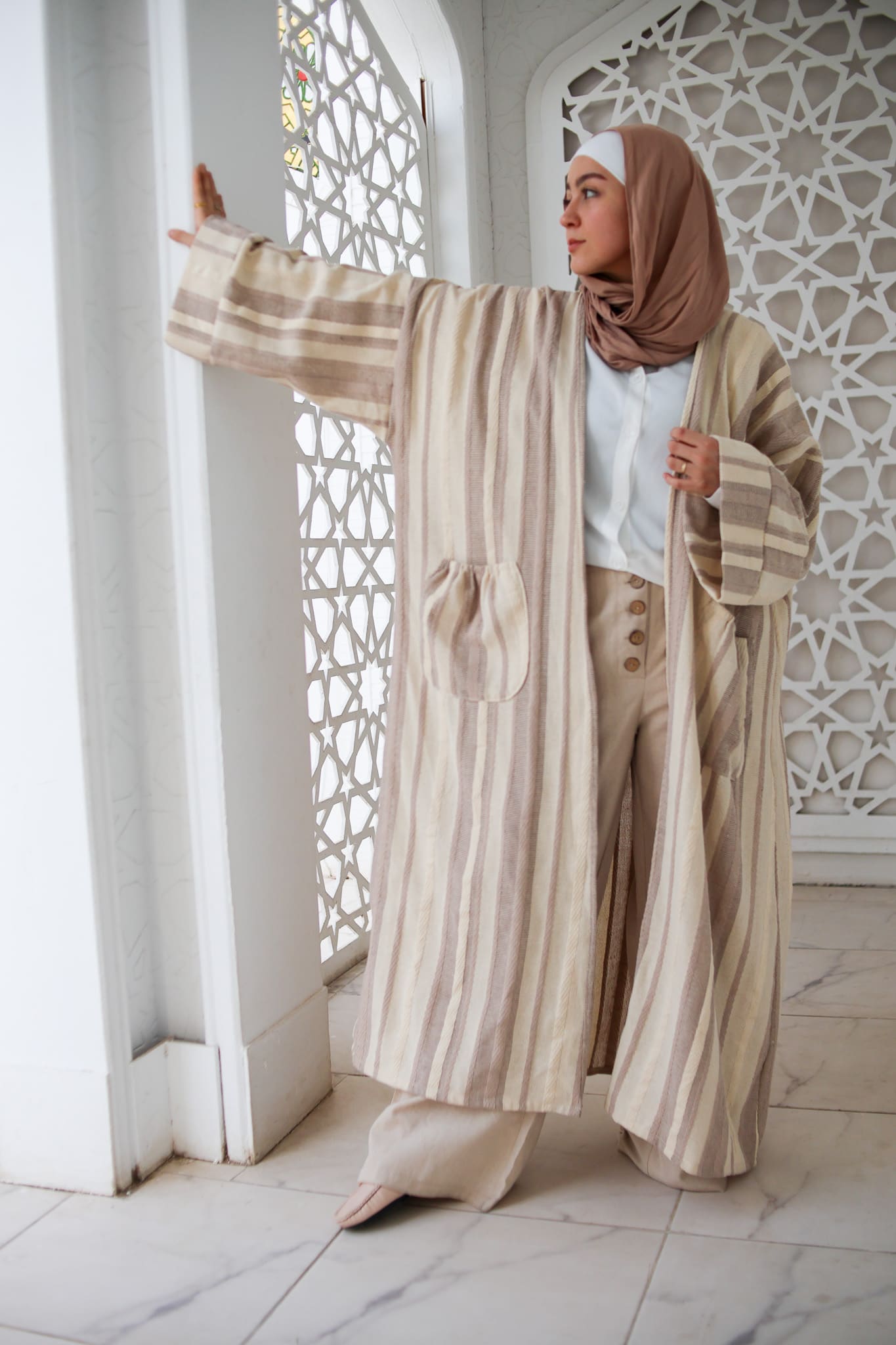 Cotton-Linen Striped Cardigan - Coffee