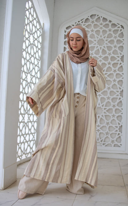 Cotton-Linen Striped Cardigan - Coffee