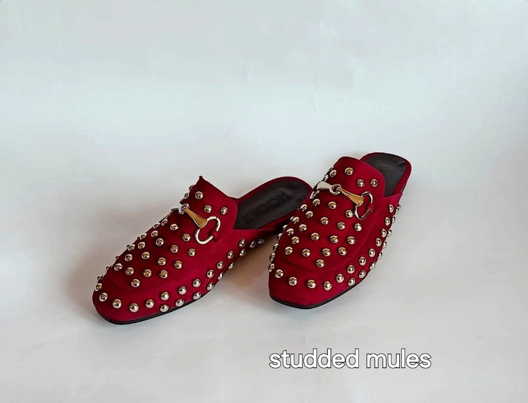 Velvet Fabric Studded Mules - Dark Red