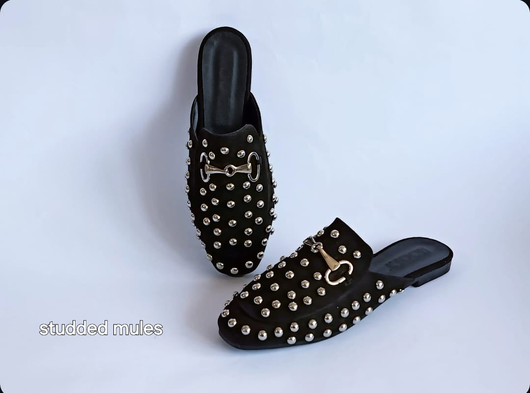 Velvet Fabric Studded Mules - Black