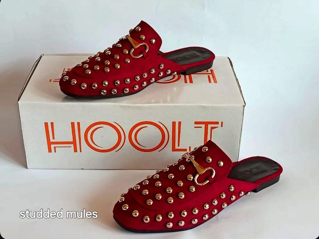 Velvet Fabric Studded Mules - Dark Red
