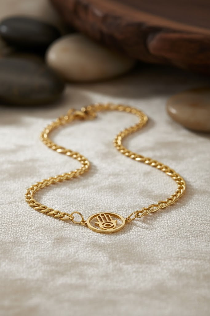 Stainless Steel Fatima Hand Round Charm Bracelet – Gold
