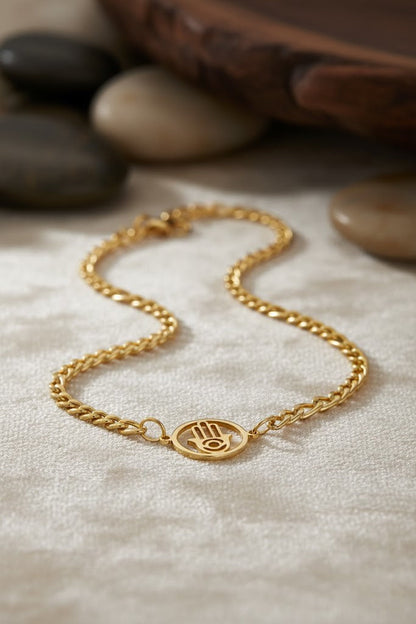 Stainless Steel Fatima Hand Round Charm Bracelet – Gold