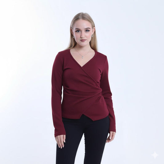 Soft Wool Solid Cross-Body Blouse – Burgundy