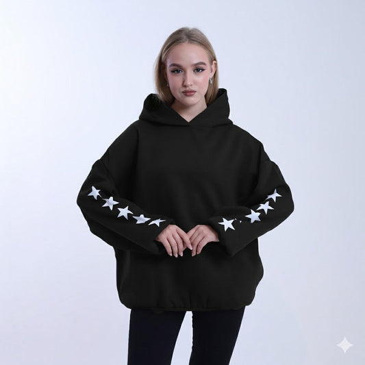 Melton Star-Pattern Hoodie – Black