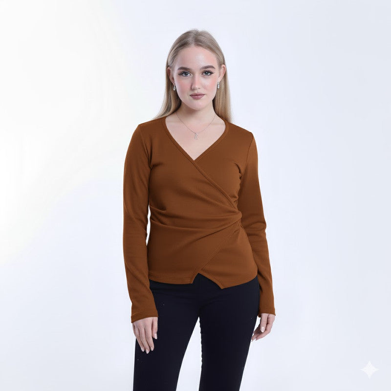 Soft Wool Solid Cross-Body Blouse – Camel