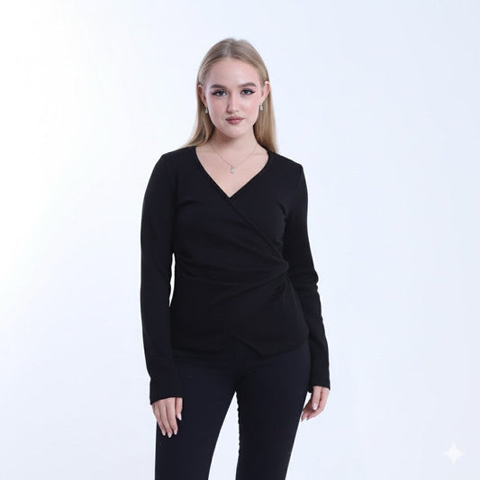 Soft Wool Solid Cross-Body Blouse – Black